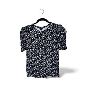 Ann Taylor Black Floral Ruched Sleeve Blouse Womens S Preppy Fall Classic Puff